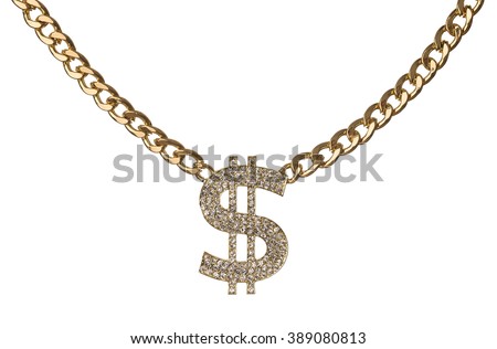 Necklace of dollar symbol with golden chain isolated on white background