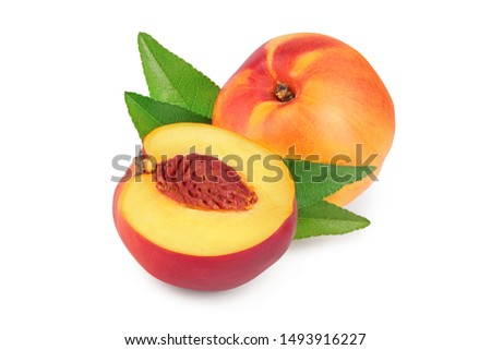 Nectarine fruit and half with leaf isolated on white background cutout