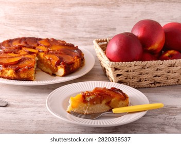 Nectarine upside down cake, sliced and served