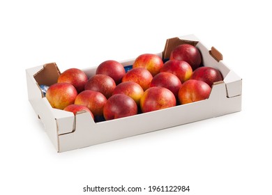 Nectarines in White Cardboard Box – Smooth Skin Peaches, Red and Yellow, Ordered in Fruit Market Carton Box – Detailed Close-Up Macro, Isolated on White Background 