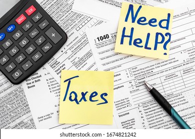 Need help and taxes text on stickers with tax forms. Assistance with filing tax form and calculation. - Shutterstock ID 1674821242