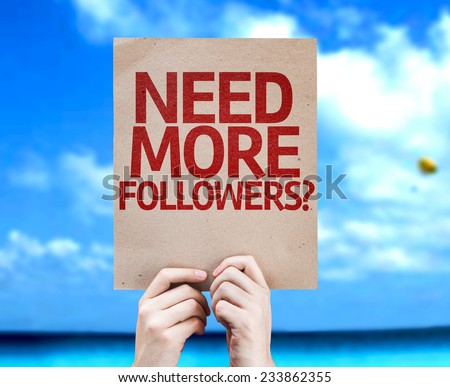 Need More Followers? card with a beach on background