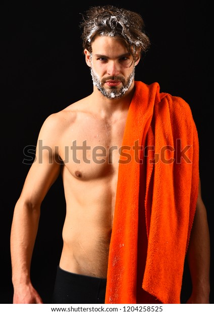 Need Take Shower Man Orange Towel Royalty Free Stock Image