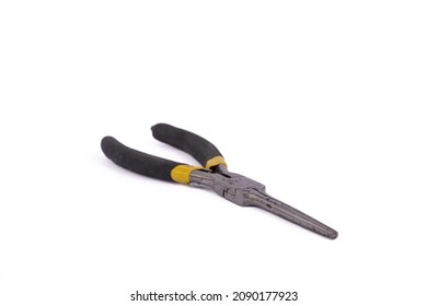 Needle nose pliers or radio pliers with black handle isolated on white.