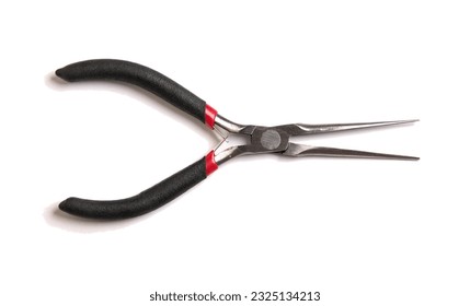 needle nose pliers (small, extra long) tool for jewelry, electronics, computer, wire repair and maintenance (isolated on white background, cut out) steel, metal, silver, black, portable