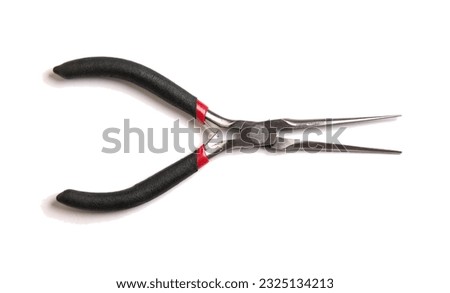 needle nose pliers (small, extra long) tool for jewelry, electronics, computer, wire repair and maintenance (isolated on white background, cut out) steel, metal, silver, black, portable