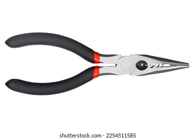 Needle nose pliers. Wire cutter or flush nippers. Universal long nose pliers for electric wire. Professional tools for metal construction. Mechanic instrument for workshop, repairing works. 