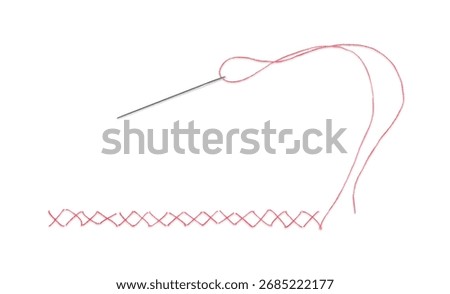 Needle with red thread and stitches isolated on white, top view