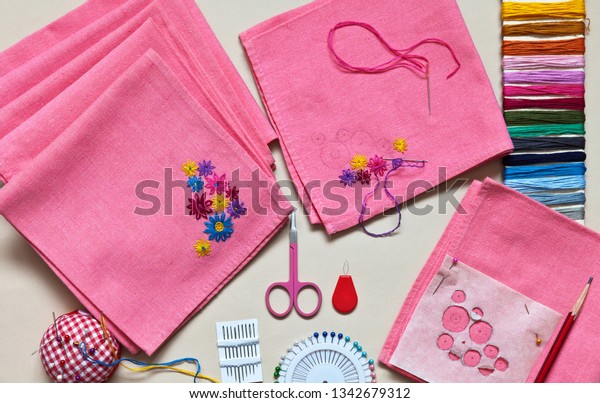 Needlework Decorating Pink Kitchen Napkins Simple Stock Photo