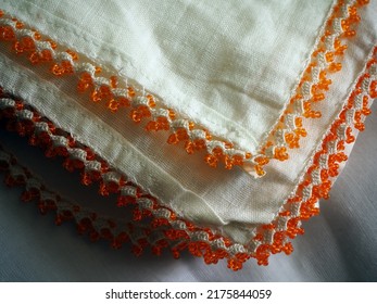 Needlework Embroidered Around The White Kerchief. Traditional Turkish Needle Lace.