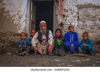 Needy Muslim Afghan Family, Poor Father With His Family - Kabul, Afghanistan July 29, 2022