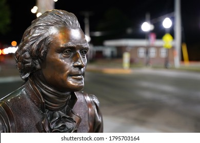 Neenah, Wisconsin / USA - August 14th, 2020: Night Of Photos Of Thomas Jefferson Landmark Statue Signing Declaration Of The Independence Of The Public Art In Neenah, Wisconsin