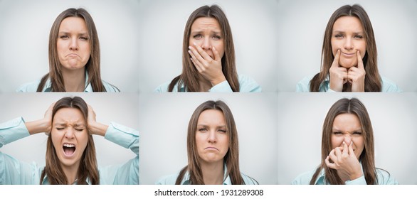Negative attitude, sad and bad emotions. Set of beautiful woman with different negative emotions on a grey background