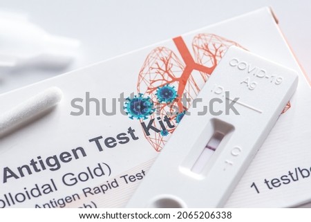 Negative Covid-19, SARS‑CoV‑2 antigen test kit, one step coronavirus antigen rapid test, saliva swab, 1 test box with imagine of lungs, close up