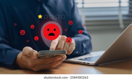Negative Customer Feedback Experience Depicted on Smartphone with One Star Rating and Unhappy Icon. Visualizing Consumer Dissatisfaction and the Need for Service Improvement