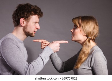 Negative Emotions Concept. People In Fight. Husband And Wife Arguing And Yelling On Each Other. Expressive And Emotional Couple Having Argument.