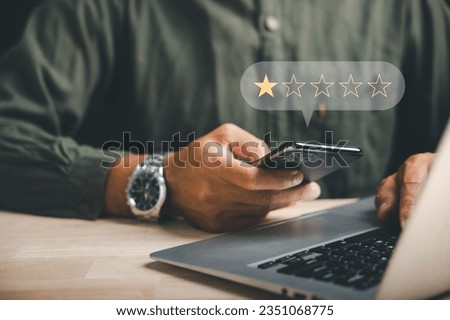 Negative feedback concept. Dissatisfied customer experience. 1-star rating review in survey. Unhappy client expressing sadness emotion face. Bad user experience on smartphone. Business dissatisfaction
