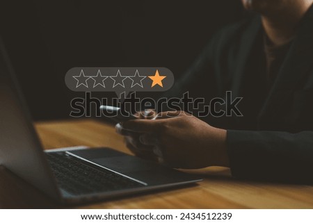 Negative feedback concept. Dissatisfied customer experience. 1-star rating review in survey. Unhappy client expressing sadness emotion face. Bad user experience on smartphone. Business dissatisfaction