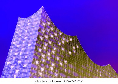 Negative photograph of a modern glass facade with inverted colors. Strong blue, violet and yellow colors give the building a surreal appearance. Modern architecture with geometric shapes. - Powered by Shutterstock