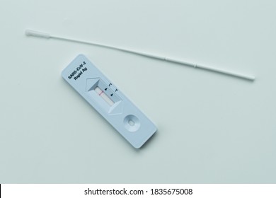 Negative SARS-CoV-2 Rapid Antigen Test Isolated On White Background With Nasal Swab Stick