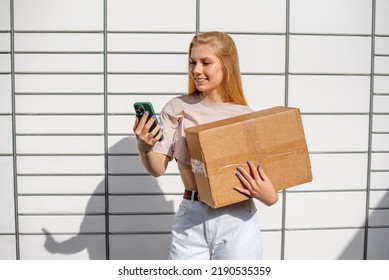 Negative Space Copy Space, A Girl Makes An Order On The Phone, A Mailbox, Express Delivery