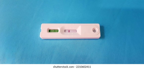 Negative Test Result By Use Antigen Rapid Test For COVID-19 Isolated On Blue Background With Copy Space. Healthy Check, Corona Virus Infection, Pandemic Infectious And Medical. Initial Symptom Check.