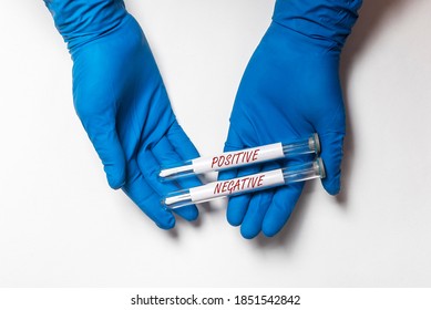 Negative Vs Positive Virus Test Results In Tubes. Blood Analysis.