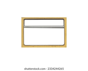 A neglected rusty yellow window frame of an old tram isolated on a white background.