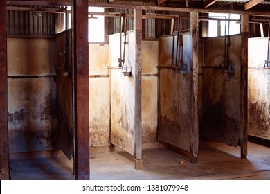 Neglected And Unhygienic Shower Stalls Used By Gold Miners During The Victorian Gold Rush Days In Australia