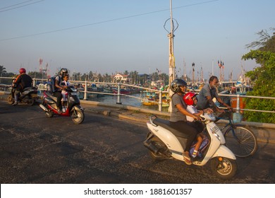 Negombo, Sri Lanka-March 25, 2019: Sri Lankan Mother And School Going Kids Riding On A Scooty At Negombo, Srilanka. 