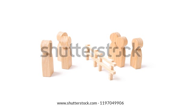 Negotiations of
businessmen. A wooden fence divides the two groups discussing the
case. Termination and breakdown of relations, breaking ties.
Contract break, conflict of
interests.