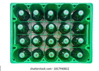 Negotin, Serbia-08-08-2020: Heineken  plastic beer crate on the terrace