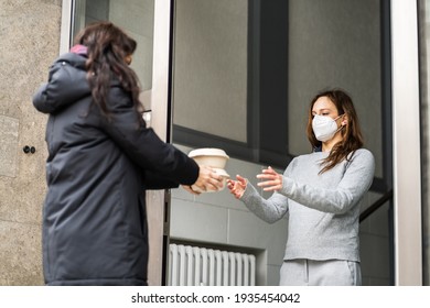 Neighbor Giving Rescue Food Help In Face Mask