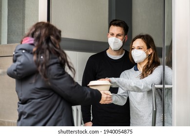 Neighbor Giving Rescue Food Help In Face Mask