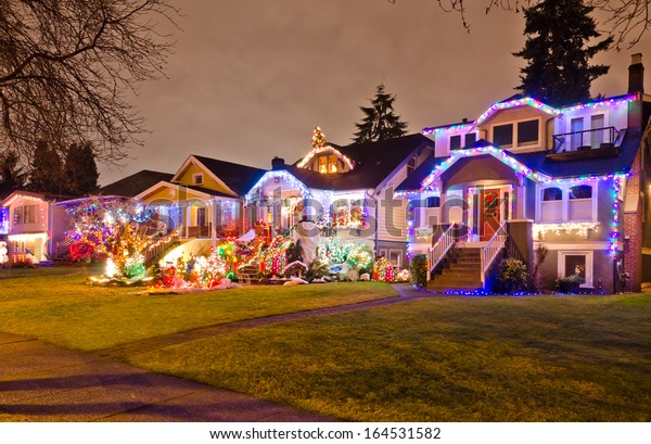 Neighborhood Houses Decorated Lighted Christmas New Stock Photo