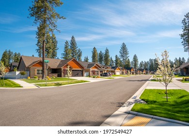 A Neighborhood Of New Homes In A Suburban Community In The Rural Town Of Coeur D'Alene, Idaho, USA.	