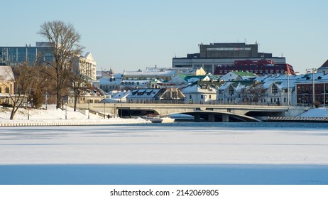 Neighborhood Of Old Houses And Modern Buildings In Winter. Retro Versus Modern Style. Contrast In Architecture. Cityscape Background.