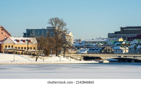 Neighborhood Of Old Houses And Modern Buildings In Winter. Retro Versus Modern Style. Contrast In Architecture. Cityscape Background.