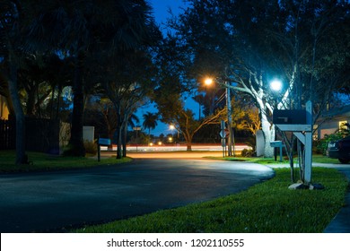 Neighborhood Street At Night In Fort Lauderdale	
