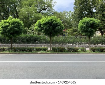 Neighborhood Street Road Urban Environment. Street Road With Sidewalk In The City Side View.