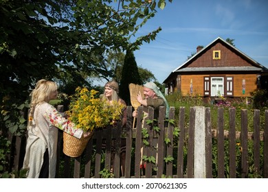 Neighbors Cheerfully Talking Over The Fence. A Basket Full Of Goldenrod Herbs.