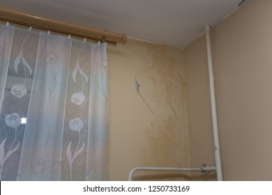 Neighbors Living On Floor Above Burst Pipe With Water From Ceiling, Walls Flowing Water, Destroying Repair Of Apartment, Home Problem, Flowed Whitewash, Peeled Wallpaper, Cracks Require Urgent Repair