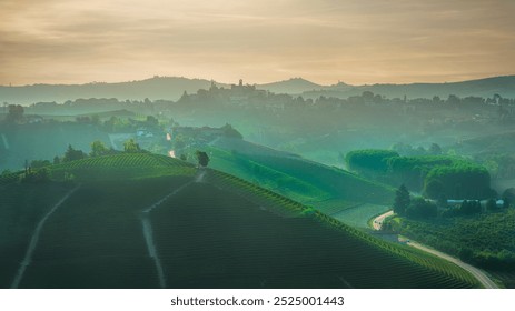 Neive village and Langhe vineyards in a foggy morning, Unesco Site, Piedmont region, Italy, Europe. - Powered by Shutterstock