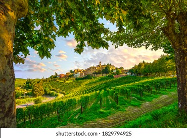 Neive village, Langhe vineyards and trees as a frame. Unesco Site, Piedmont, Northern Italy Europe.