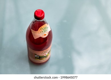 Nellysford, USA - April 29, 2021: Closeup Of Glass Juice Italian Drink Bottle Carbonated Blood Orange Soda Storebought At Trader Joe's And Sign Isolated