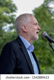 Nelson, Lancashire / UK - 17 August 2017: Labour Party Leader Jeremy Corbyn addresses crowd in run up to UK general election