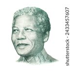 Nelson Mandela (1918 - 2013). Portrait on South Africa 10 Rands Banknote, close up