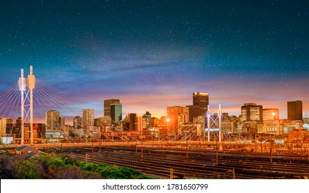 Nelson Mandela Bridge At Night With Johannesburg City Skyline In Gauteng South Africa