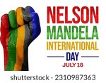 Nelson Mandela international day background with colorful fist and tyopgraphy on the side. Hand painted with South African flag colors