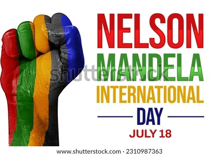 Nelson Mandela international day background with colorful fist and tyopgraphy on the side. Hand painted with South African flag colors Stockfoto © 